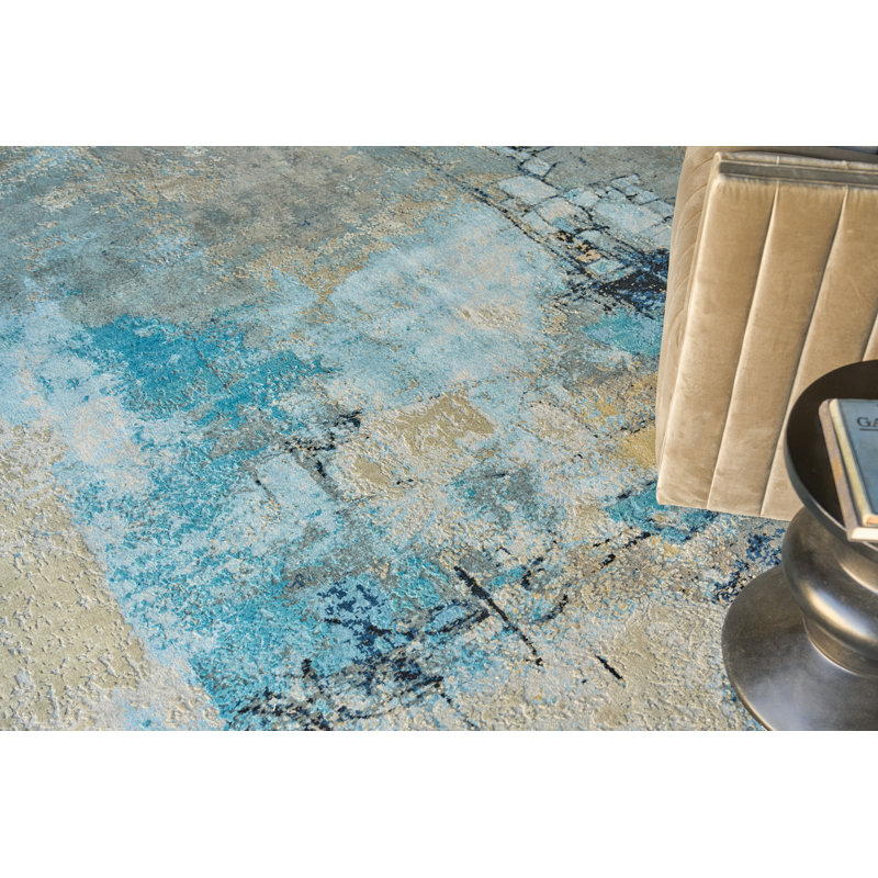 Picasso hand-knotted Wool/Silk Blue/Silver/Black Area Rug, 10'X14'
