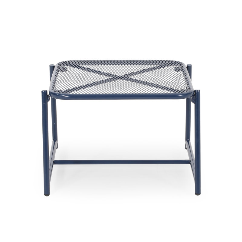 Iron 13.64"H Side Table For Outdoor Space, In Navy Blue With Mesh Top And Modern Sled Base Iron, T Frame, Navy