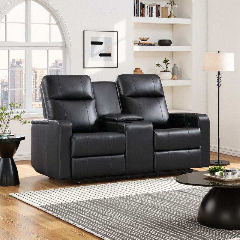 70.1" Wide Modern and Breathable Faux Leather Power Reclining Loveseat Sofa, Black