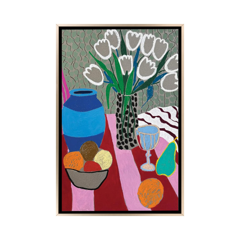 Tulipes, fruit et visiteur bleu - reproduction d'art murale - toile encadrée, 48" x 32", Framed Canvas, Champagne