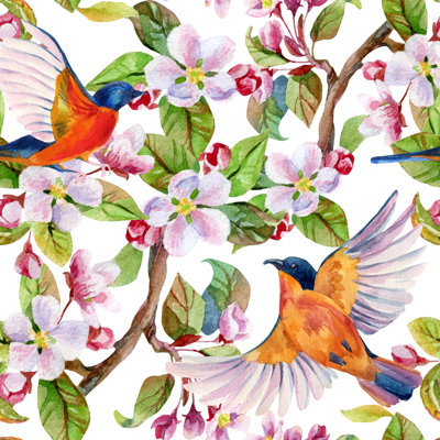 Apple Blossom And Flying Birds by Tanya Syrytsyna - Wrapped Canvas Print