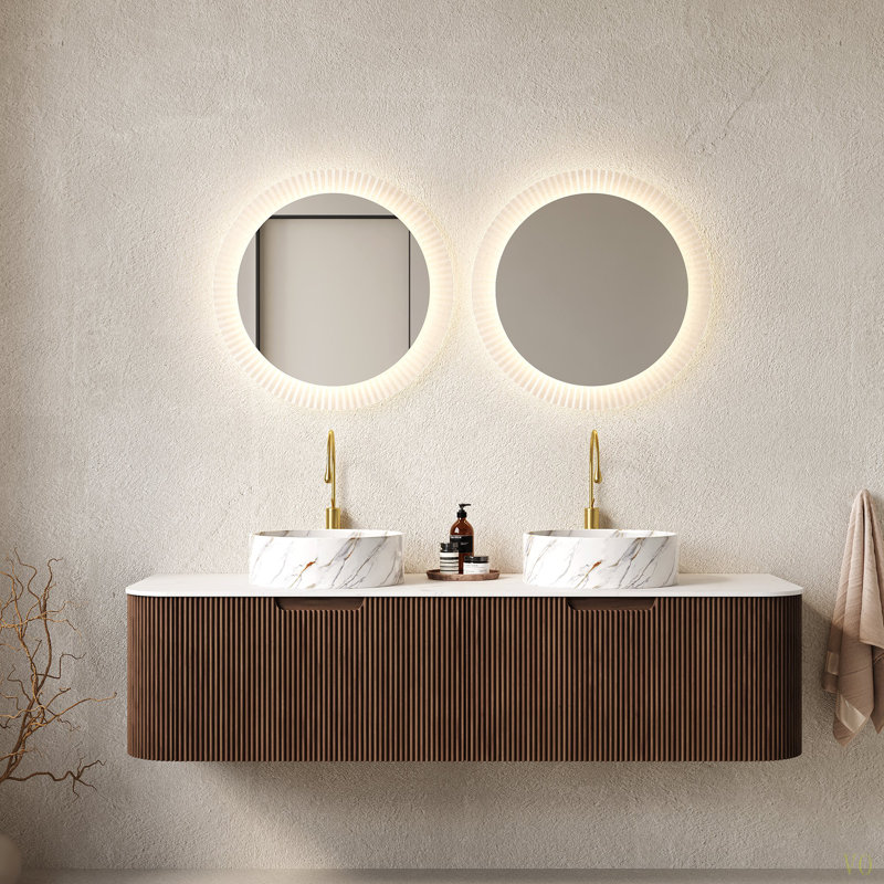 Meuble-lavabo mural 60 po avec lavabos 60 po avec lavabos et 2 tiroirs en céramique avec motif de pierre, pré-assemblé