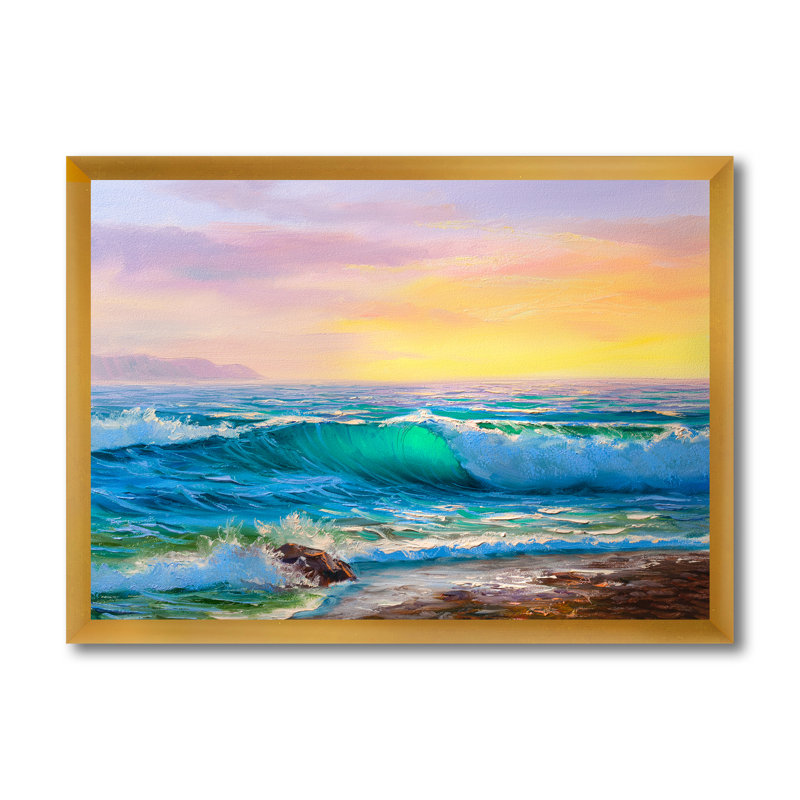«Blue Waves Breaking At The Beach IV», peinture sur toile, Cadre doré, H 12 po x l 20 po x p 1 po