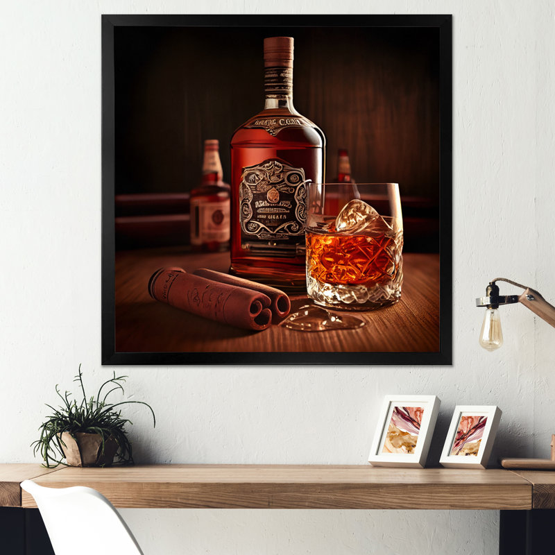 Whiskey with Cigars I - reproduction d'art sur toile, L 16 po x H 16 po, Impression noire sur toile encadrée