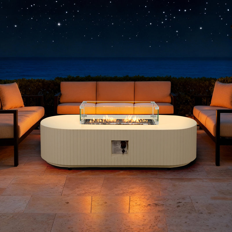 Ensemble de 2 tables de foyer d'extérieur au propane 2 pièces avec pare-vent en verre, table basse ovale en béton 50 000 BTU, housse de pluie pour patio, cour, jardin, porche, terrasse