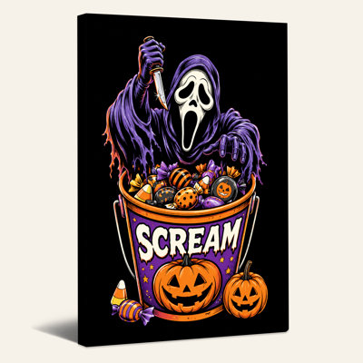 Art mural sur toile, "Screaming Ghost Face" avec couteau et seau à bonbons