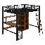 Lit mezzanine double en métal avec bureau intégré, garde-robe ouverte et tablettes de rangement