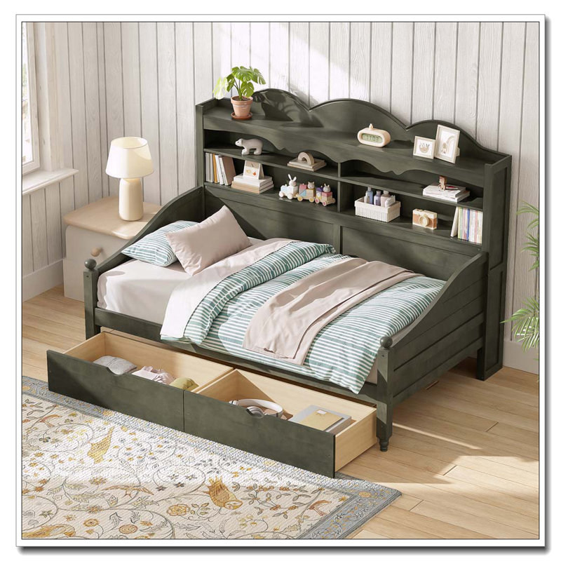 Lit de jour simple avec tiroirs de rangement et tablettes de tête de lit, Gris ancien