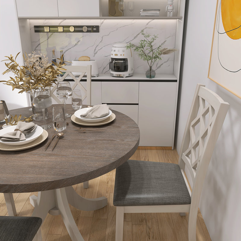 5-Piece Round Dining Table Set With Upholstered Chairs And Chair, Brown, Grey
