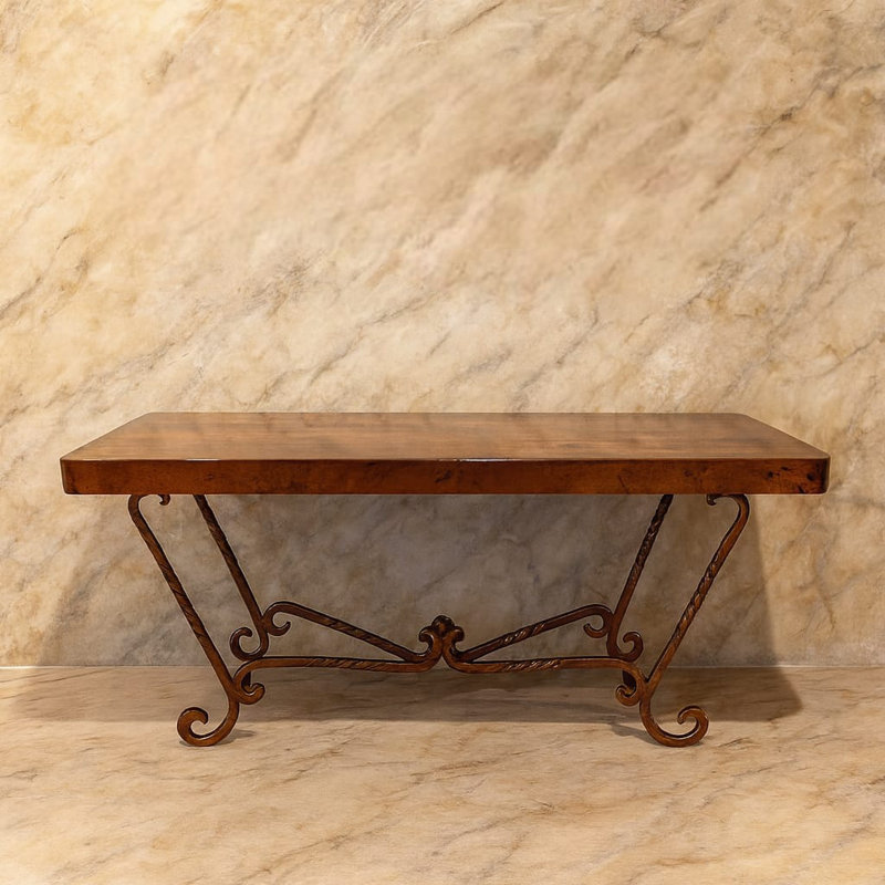 Console en fer forgé à la main: plateau en cuivre martelé, décor d'entrée rustique