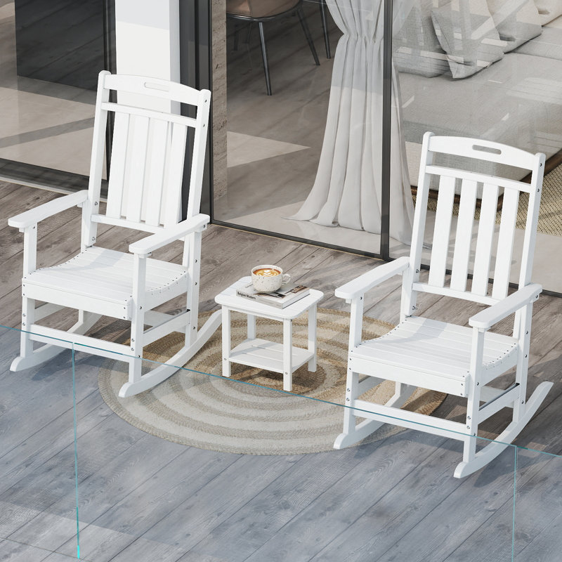 3-piece Hdpe Outdoor Rocking Chair Set With Side Table, All-weather Poly Rockers For Porch, Patio & Garden, White