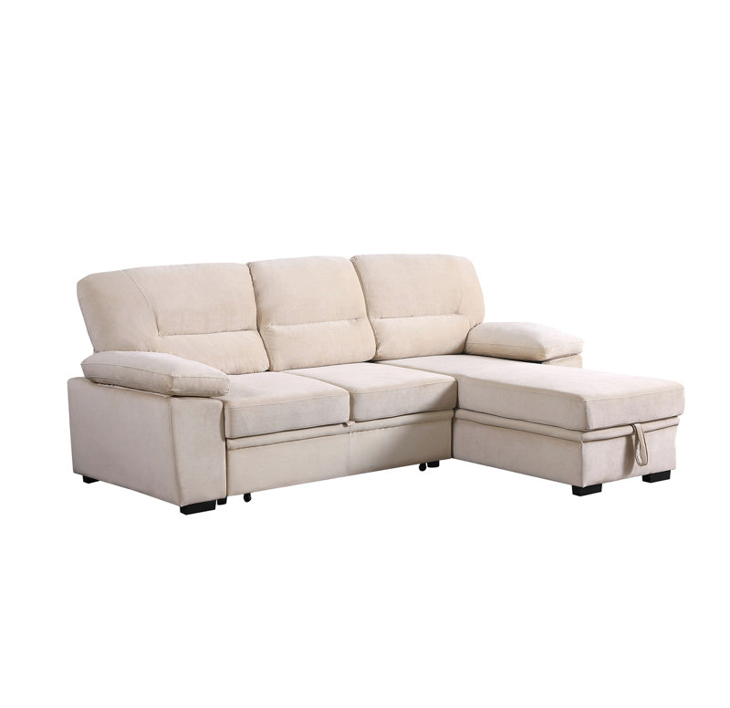 Velvet Fabric Reversible Sleeper Sectional Sofa Chaise, Beige