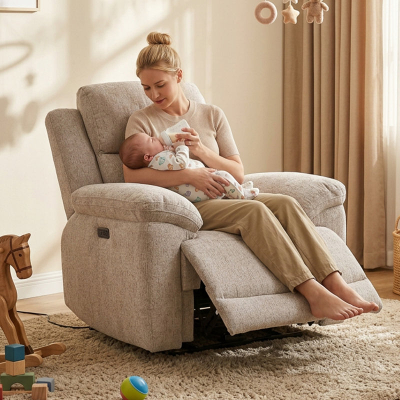 Callendale 43.3"W Upholstered Power Recliner Chair With USB & Type-C Charging, Light Gray