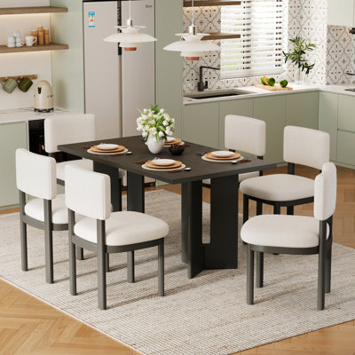 7-Piece Wooden Dining Table Set, Rectangular Dining Table With 6 Upholstered Chairs For Dining Room, Kitchen And Living Room