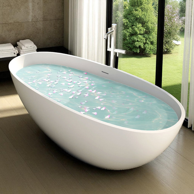 KISRAIS 65"x30" Solid Surface Freestanding Soaking Bathtub, Matte White