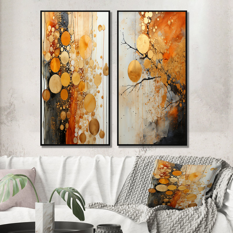 " Gold Grey Rustic Reflections " 2 - Pieces, 40" H x 40" W, Black Framed