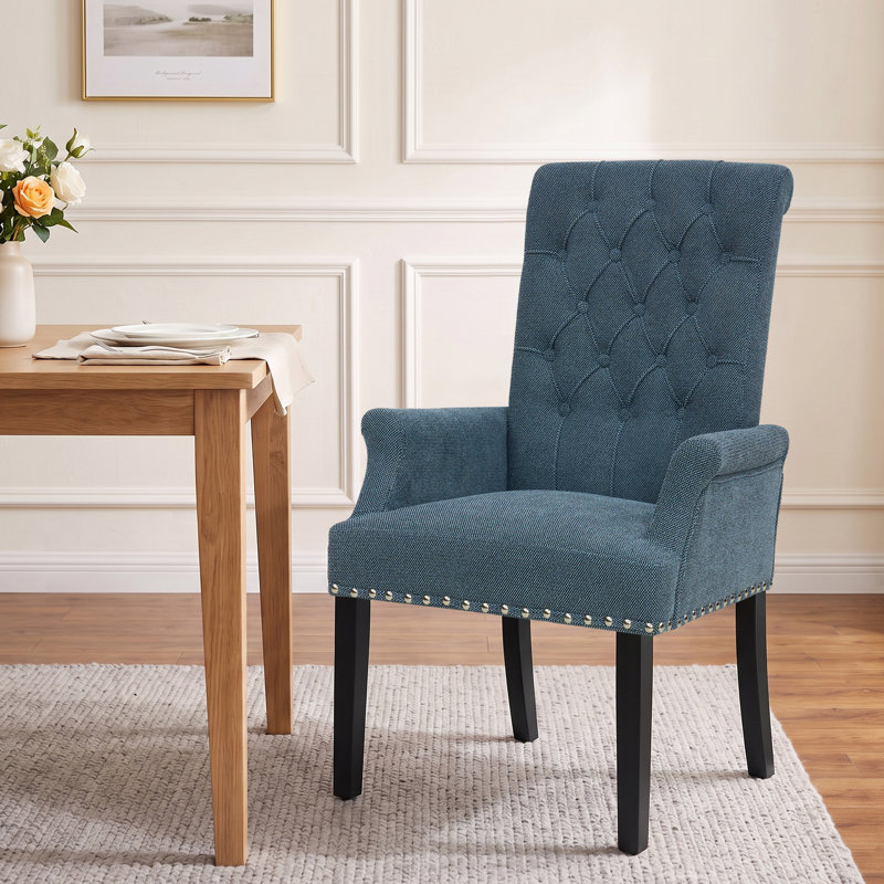 Amdad Tufted Linen Arm Chair, Dark Blue, Black, Linen