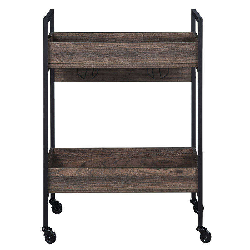 Chariot de service mobile brun + noir avec 2 tablettes, porte-gobelet, étable pour salle à manger élégante en noyer et noir, fabrication