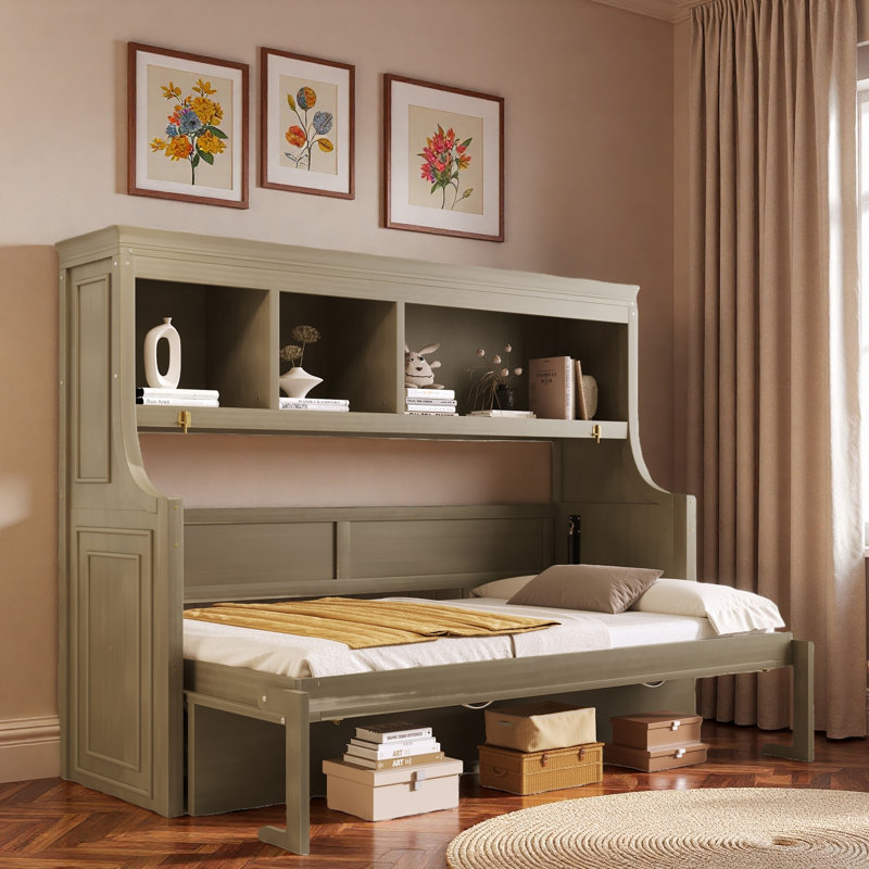 Lit escamotable intégré avec bureau et tablettes de rangement, Gris