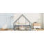 Lit double gris en bois en forme de maison avec clôture de protection et barrières de sécurité-794071337-794071341