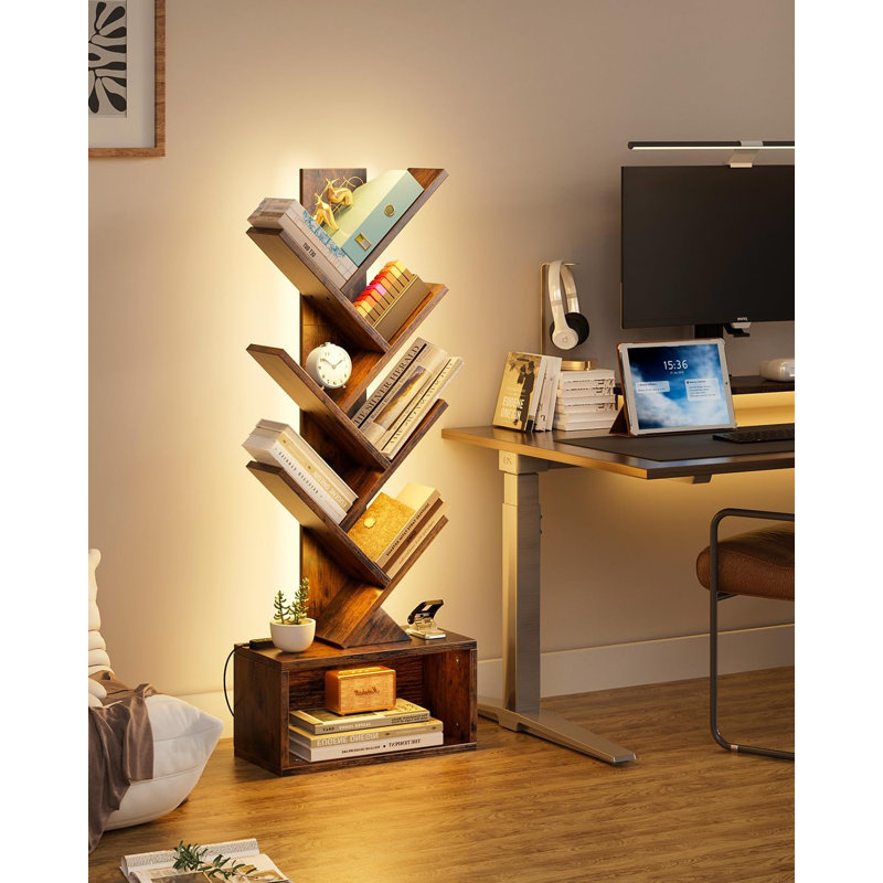 6 Tier Tree Bookshelf With Lights, Led Book Tree Bookshelf With Storage Organizer, Small Corner Bookcase Floor Standing Book Shelf For Living Room, Bedroom & Home Office