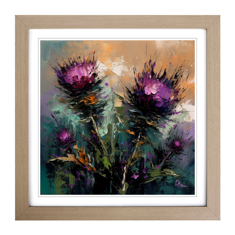 Thistle Palette Knife Painting - Framed Print, Oak