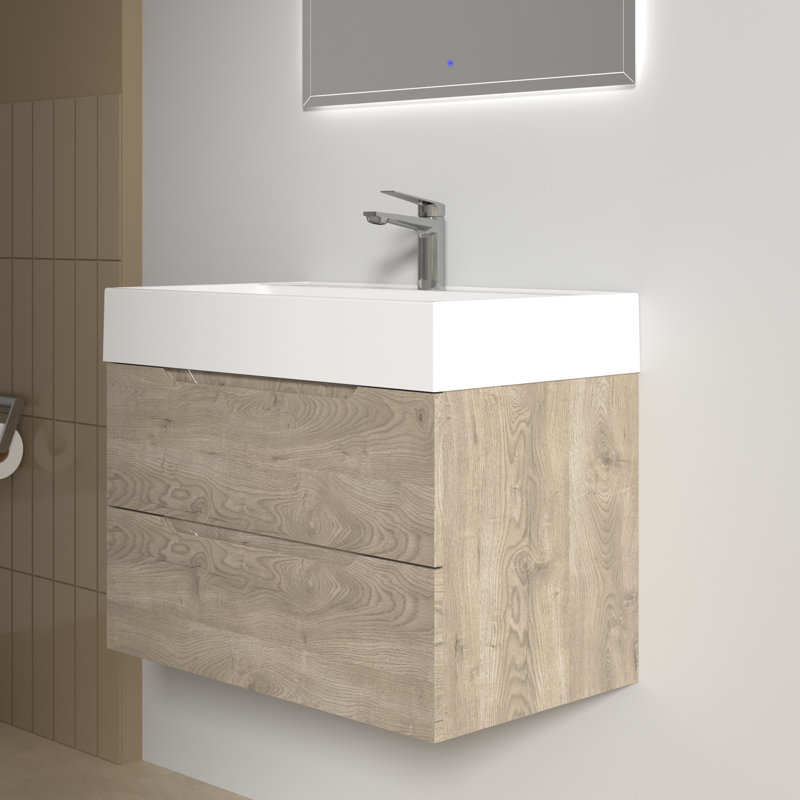 Ensemble de meuble-lavabo mural 32 po avec plateau en pierre blanche et 2 tiroirs modernes pour petite salle de bain, 32"