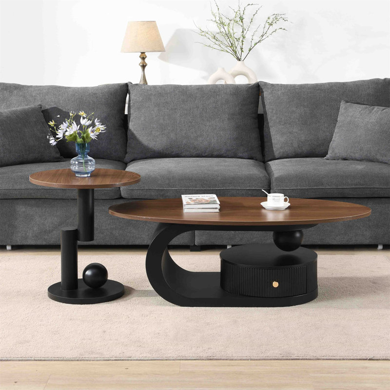 Ensemble de tables basses gigognes de luxe avec rangement, Brun, Noir