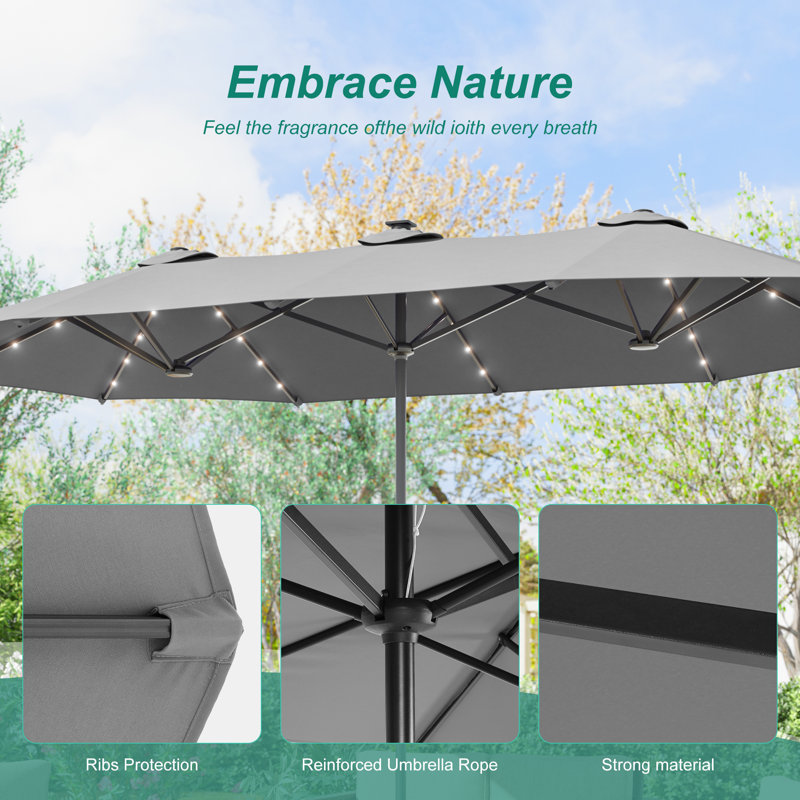 Parasol 13 x 7,2 pi DEL double face pour patio, parasol simple Market, Gris