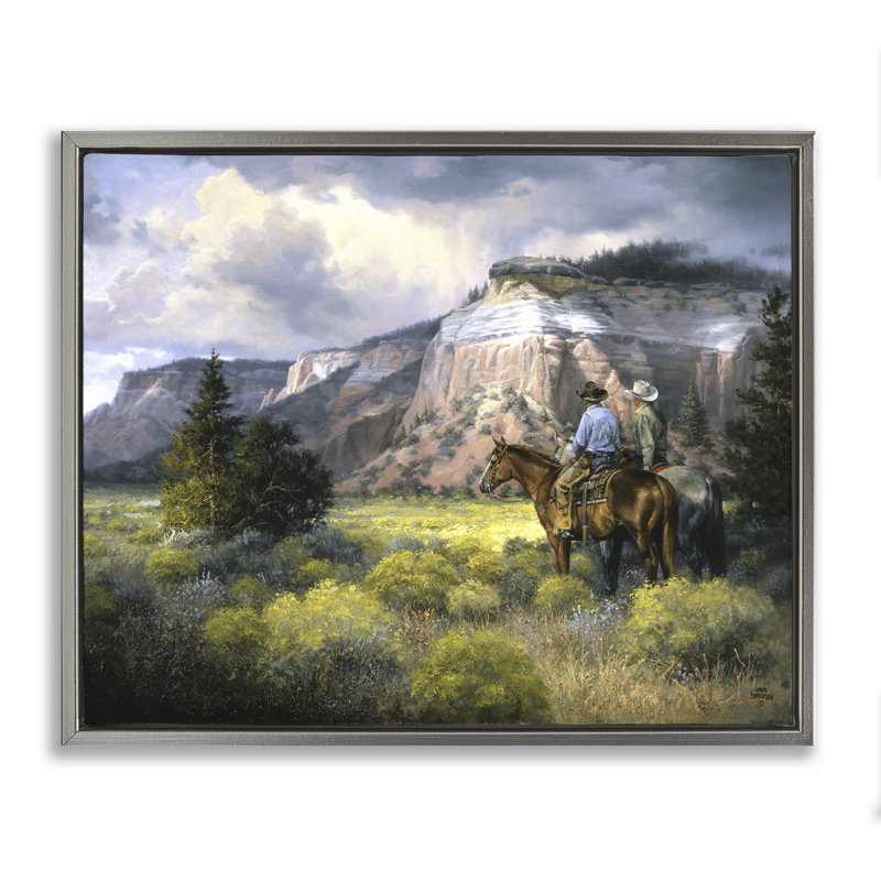 Art mural sur toile Western Cliff and Cowboys, conception par Jack Sorenson, Cadre flottant gris lustré, H 17 po x l 21 po