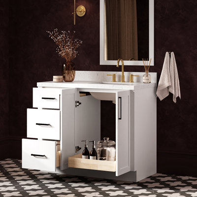   Kayleigh 42 Inch Right Offset Single Rectangle Sink Bathroom Vanity with Carrara White Quartz Countertop 1.5 Inch in White