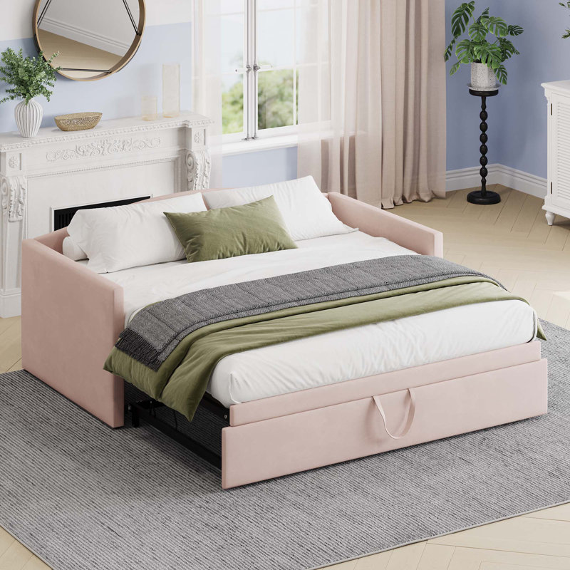 Twin Size Daybed With Extended Pop Up Trundle,Space-Saving Twin To King Design, Pink