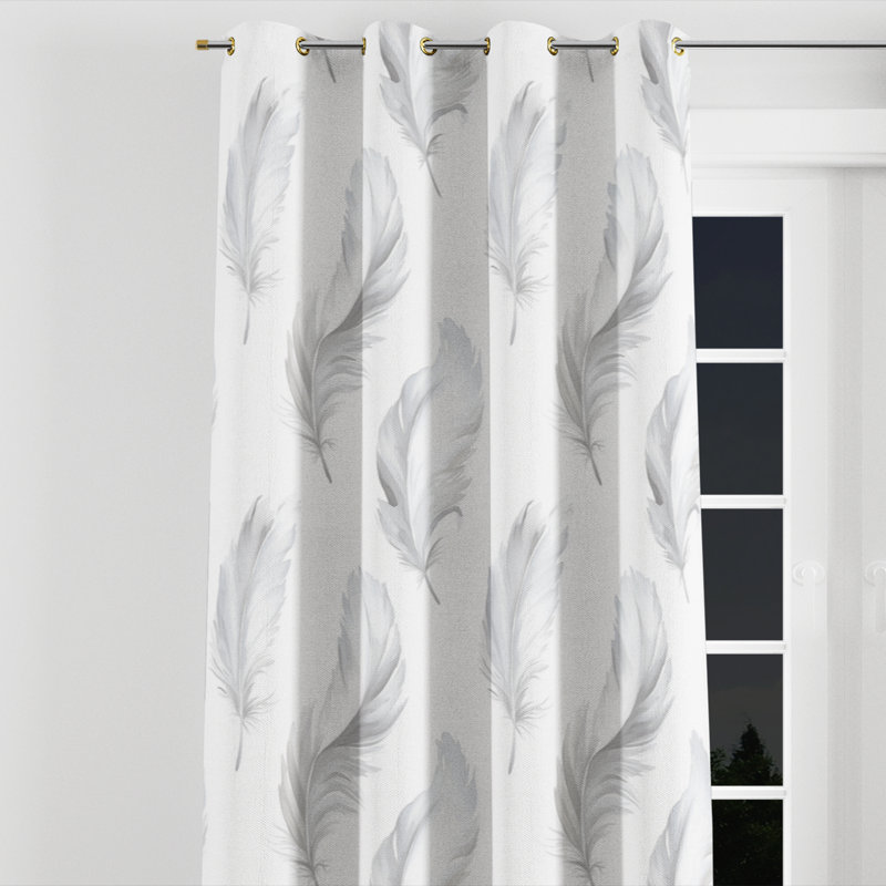 French Country Curtains for bedroom - Striped Grey And White Feather Stripes Grommet Curtain - 1 Panel, Gold Grommets