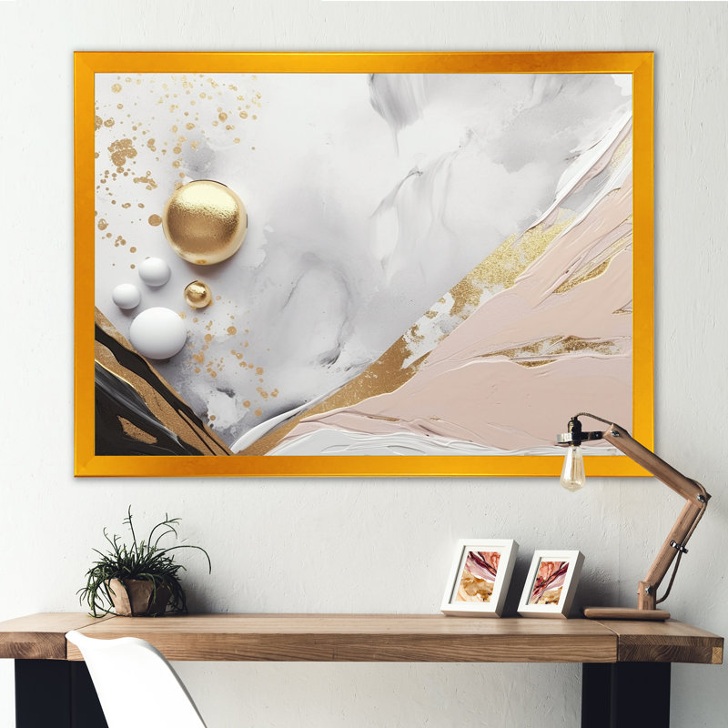 Marbre blanc et doré mystérieux - Marbre abstrait, impressions d'art mural, Encadrement doré, H 30 po x l 40 po x P 1,5 po