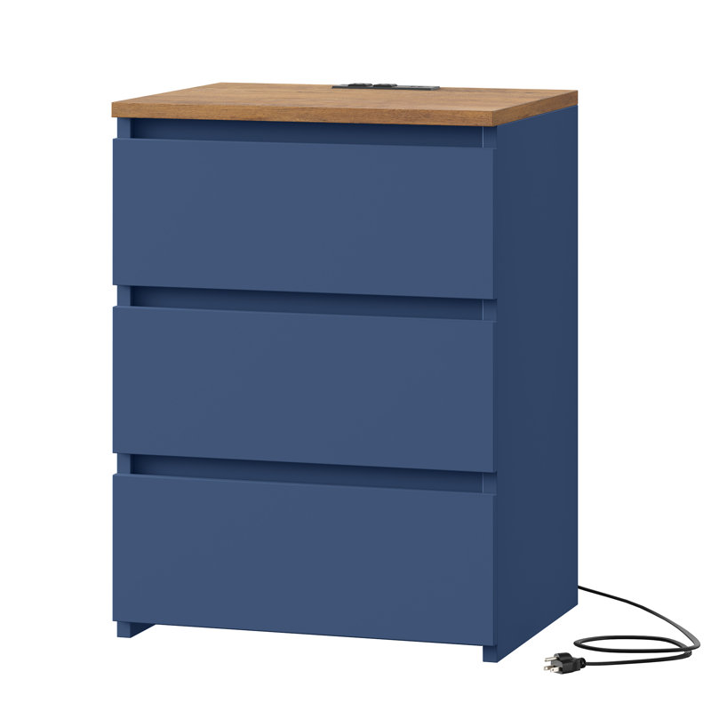 Tables de chevet 26 "avec prises USB et ports USB Arieyonna, 3 tiroirs, bleu, Bleu