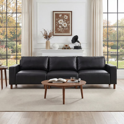 112" Modern PU Leather Sofa With Wooden Legs, Breathable Upholstered Couch For Living Room, Apartment