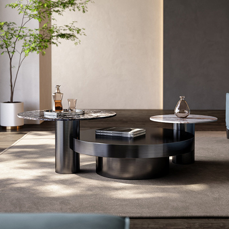 Ensemble de tables basses rondes en marbre noir, H 18,9 po x l 94,49 po x P 39,37 po