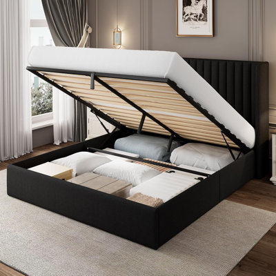 Queen Size Lift Up Storage Bed With Wingback Headboard, Modern Upholstered Linen Platform Bed Frame With Heavy Duty Wooden Slat Support, Hydraulic Storage, No Box Spring Needed, Black 