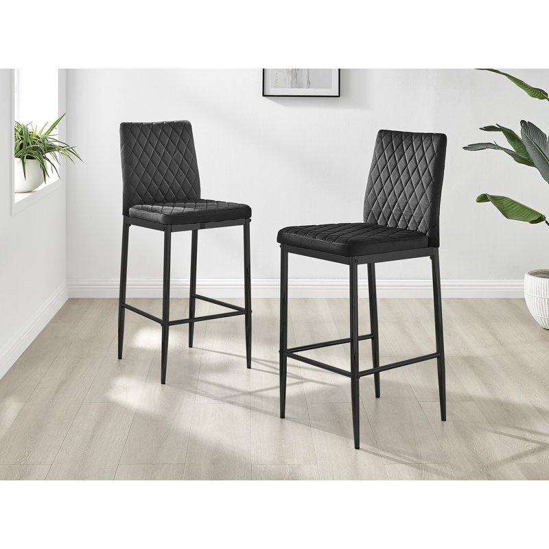 Kenesaw Luxury Breakfast Bar Stool in Quilted Design Velvet Leg - Modern Chic Kitchen, Black, Black