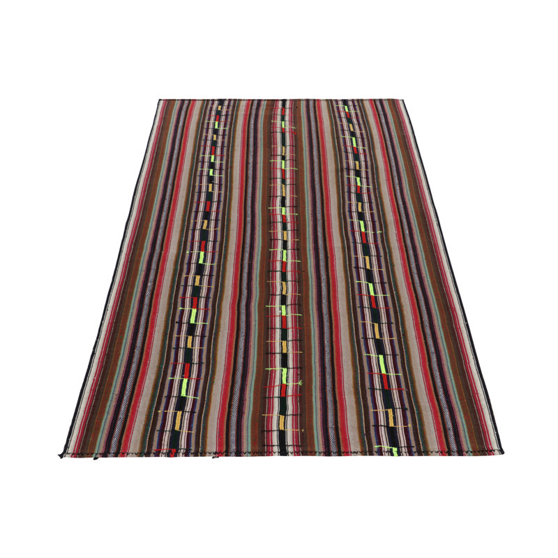 1950S Vintage Chaput Kilim Rug In Red And Brown, Multicolor Stripe Patterns
