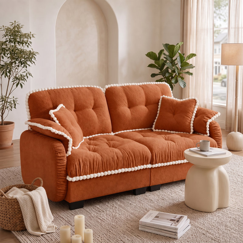 Canapé nuage orange 2 places en chenille, avec coussins capitonnés profonds et finitions à pompons., 2 Seat, Orange