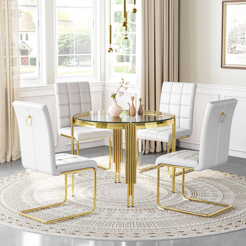 5-Piece Round Glass Dining Set, 37" Tempered Glass Table With 4 High Back PU Leather Chairs, Clear/Gold, White/Gold