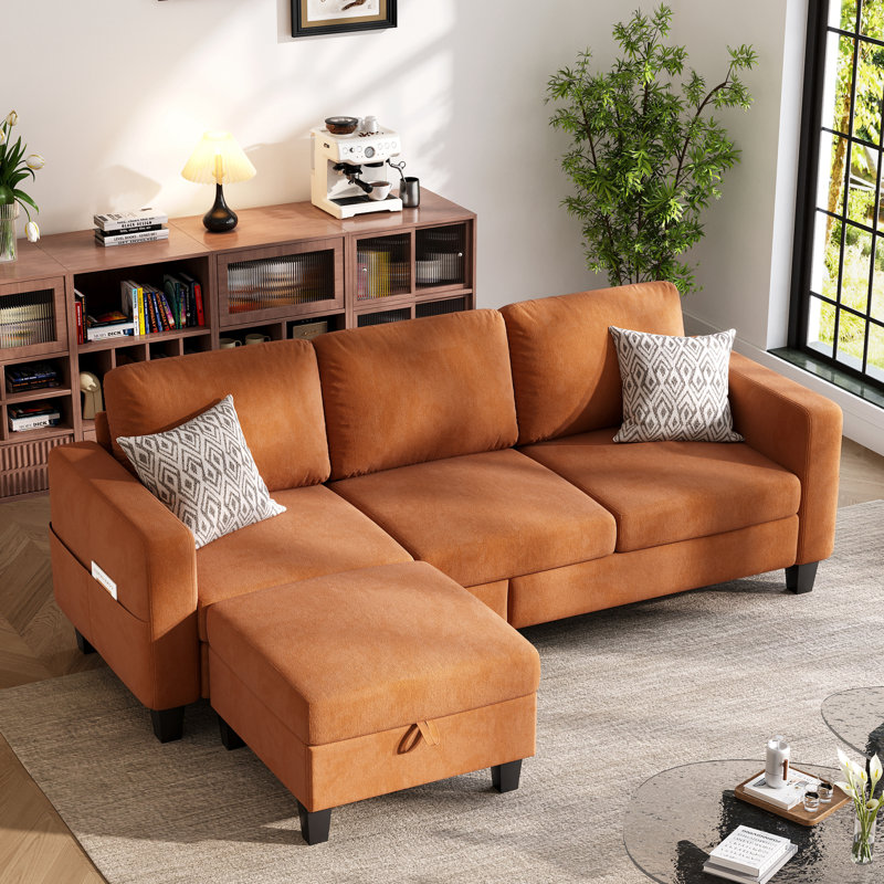 Canapé rembourré 78 po avec repose-pieds, Velours orange