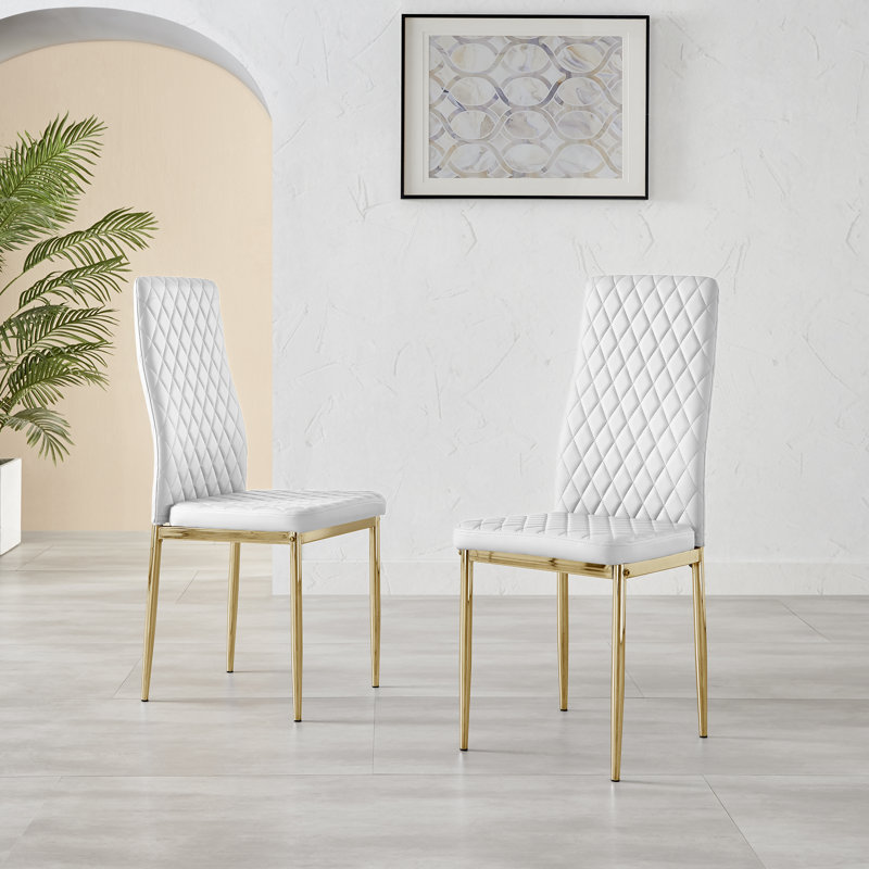 Eubanks High Gloss Double Pillar Dining Table Set with 4 Luxury Faux Leather Dining Chairs, White, White/Gold