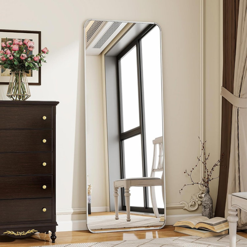 56"X21" Silver Full Length Mirror With Rounded Corners, Standing, Hanging, Or Leaning Floor Mirror For Bedroom, Dressing Room, Or Living Room, Aluminum Alloy Frame, Modern Shatterproof Design