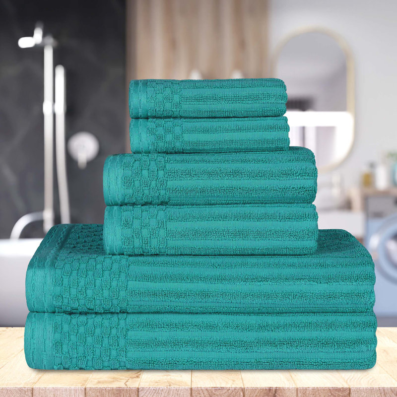 Ruvins Cotton Highly Absorbent 6-Piece Solid and Checkered Border Towel Set, Turquoise