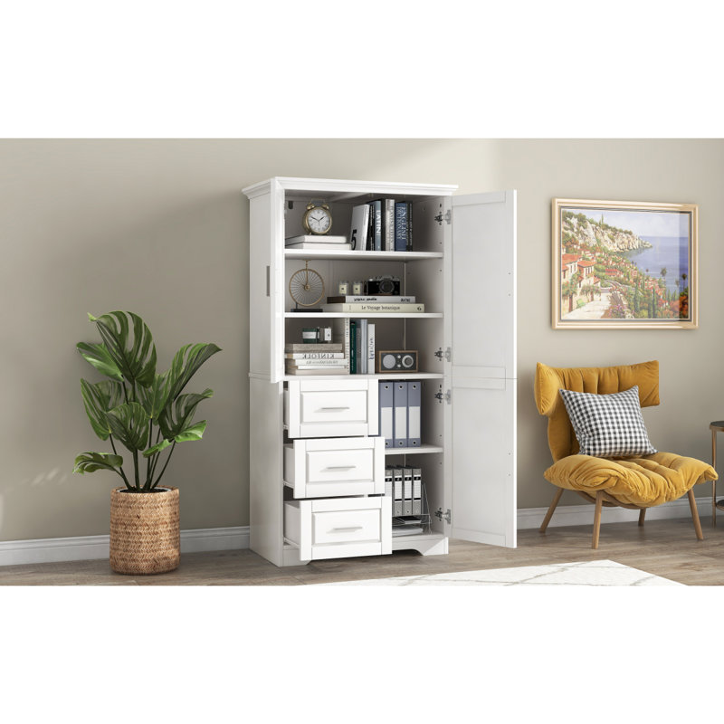 Tall Wide White Storage Cabinet With Doors And Three Drawers For Bathroom Or Office | Gift Idea, White