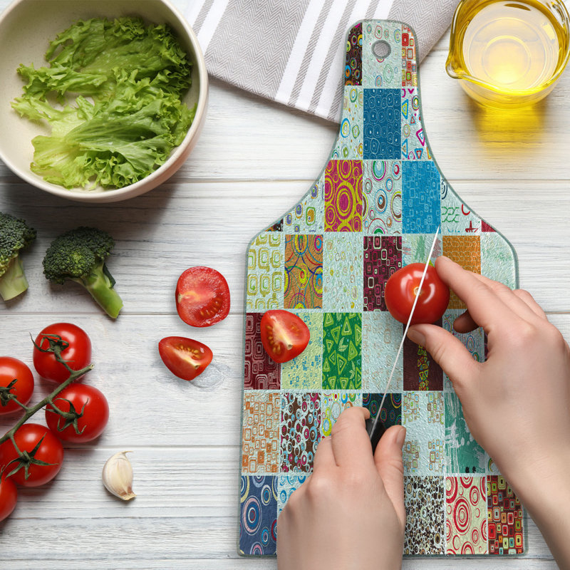 Ambesonne Colourful Tempered Glass Cutting Board Patchwork Retro Style Multicolor
