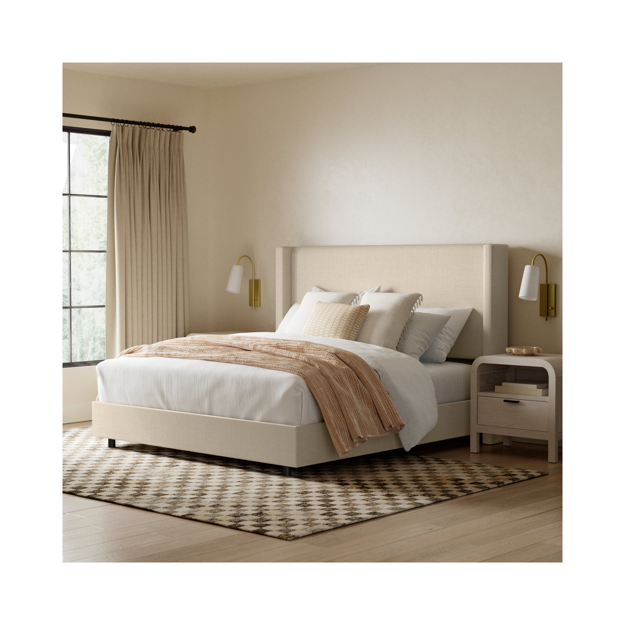 Hanson Upholstered Wingback Bed, Full/Double, Classic Linen Linen