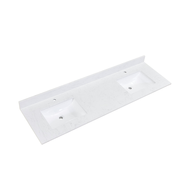 73" White Stone Double Sink Vanity Top with Ceramic Basins